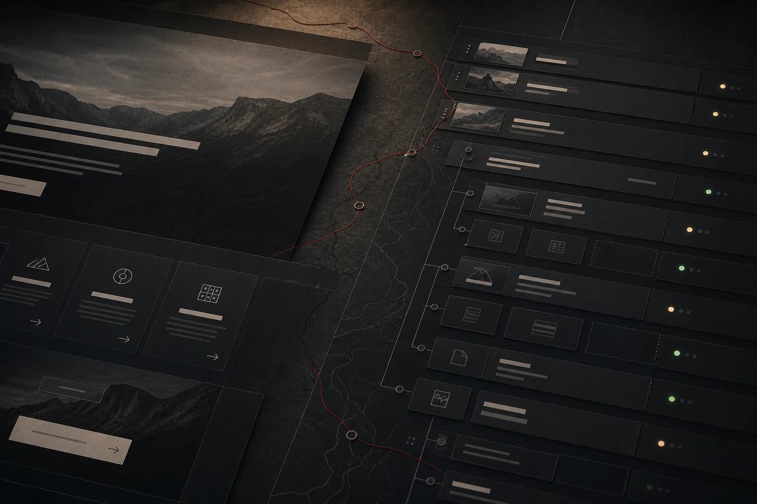 A website interface flowing into a modular content system across a dark topographic working surface