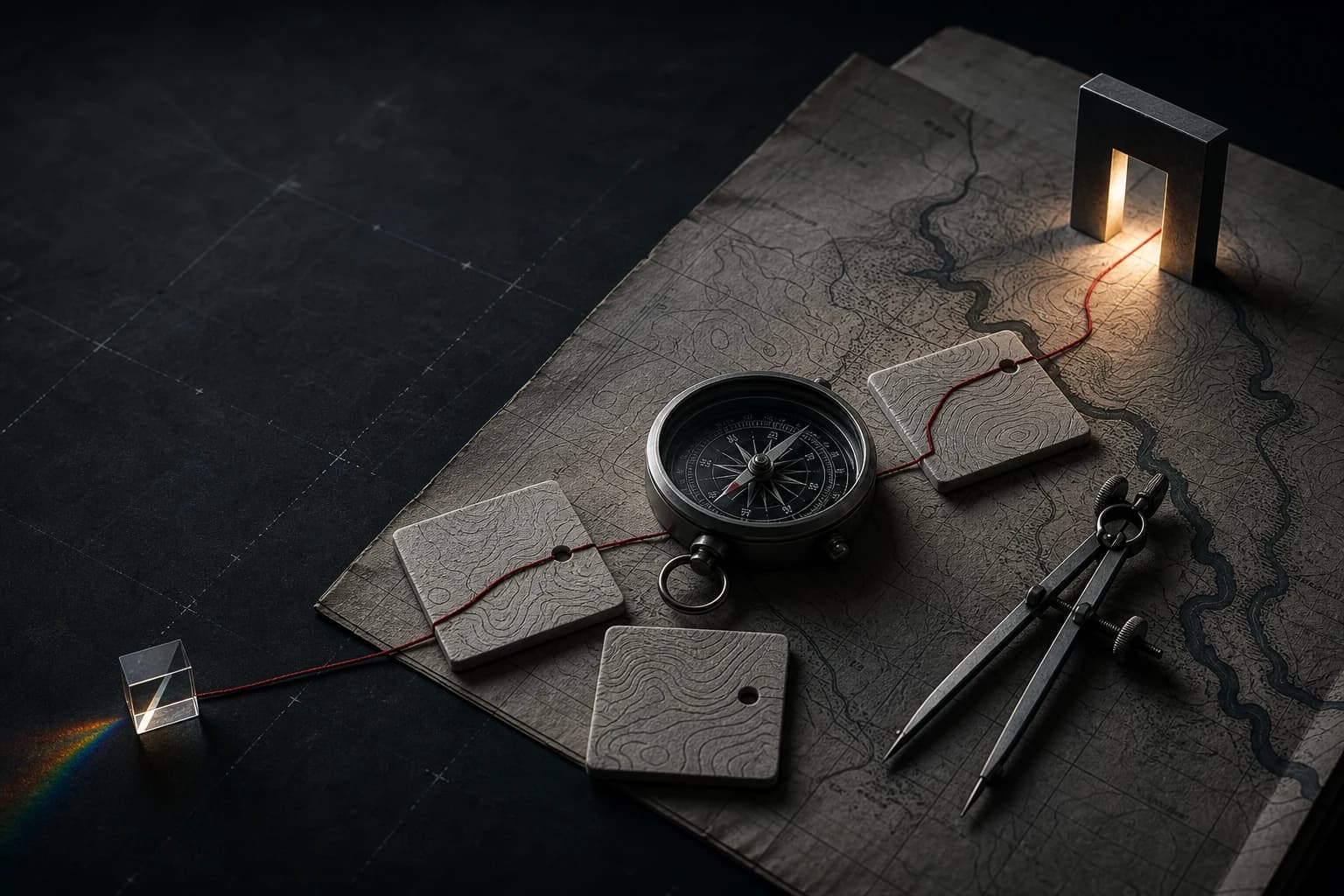 Survey compass, prism, route tiles, and dividers arranged across a topographic field map