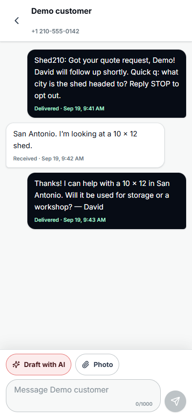 FrontierPixel CRM example conversation: a quote acknowledgement text, a customer's reply about a 10 by 12 shed, and David continuing the conversation above the message composer.