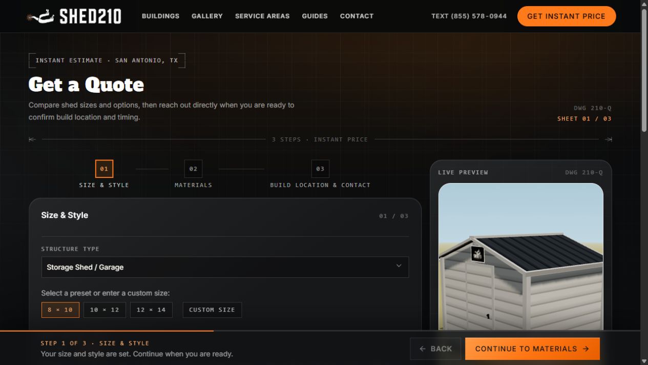 The real Shed 210 quote tool, with size and style choices beside a live shed preview and a Continue to Materials button.